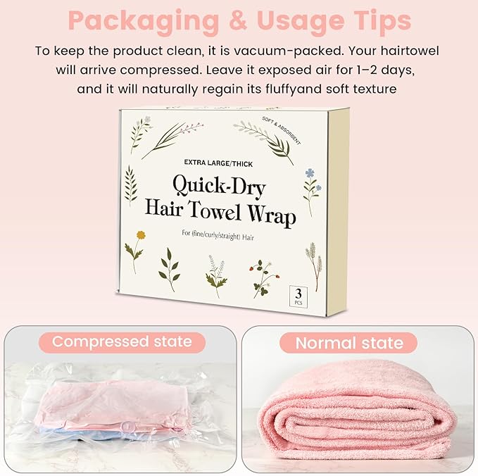 3 Pack Microfiber Hair Towel Wrap for Women, Large Fast Drying Hair Turban, Ultra Soft Thick Anti-Frizz, Double Stitched Edges & Stay in Place No Slip Design for Curly Long Wet Hair(Pink/Grey/Blue)
