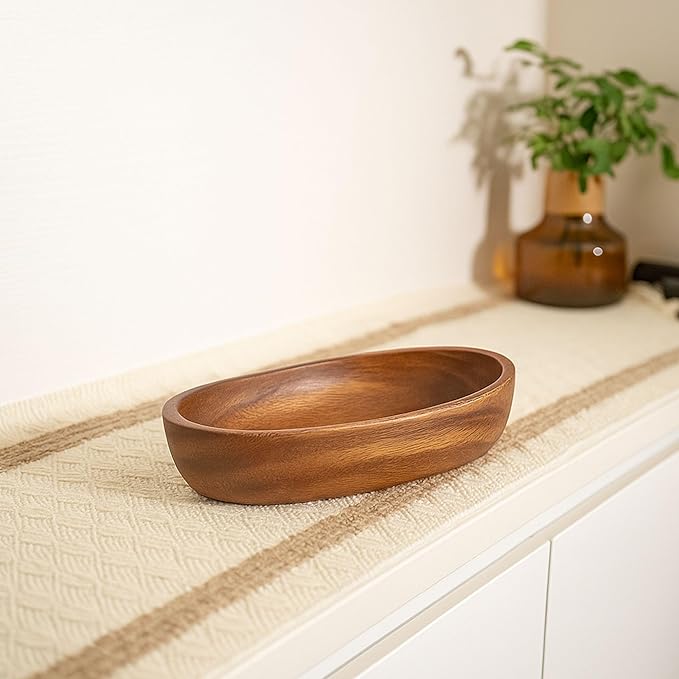 Wooden Bowl for Keys Walnut Wood Catchall Bowl for Entryway Table Rustic Decorative Bowl for Home Decor Coffee Table Oval Boat Shape (Small (6.7"))