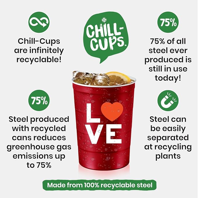 Steel Chill Cups 16 oz. Party Cup Love Heart Design for Cold Drinks, Durable, Disposable, Recyclable, Made in USA, Red, 12 Count
