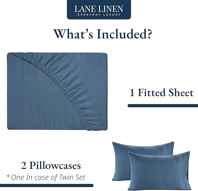 LANE LINEN Fitted Sheet King Size, 100% Organic Cotton, 3-Piece Set (1 Fitted Sheet,2 Pillowcases), Percale Weave, Ultra Soft, Breathable,Fits Mattress Upto 15" Deep - Navy (No Flat Sheet)