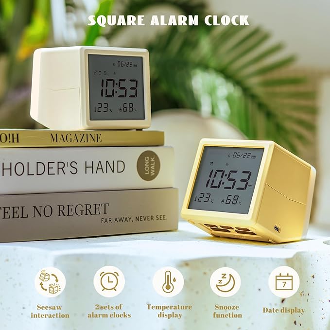 JUSTUP Digital Alarm Clock, Square Silent Alarm Clock with Night Light, Loud Alarm Clock for Heavy Sleepers with Date Temperature Display, Modern Decor Desk Clock Bedroom Office Room (Yellow)