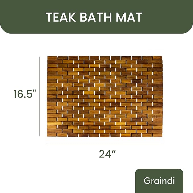 Teak Bath Mat & Shower Mat (24" x 16.5") | Wooden Flooring for Bathtub & Bathroom | Foldable & Non Slip Wood Bathmat