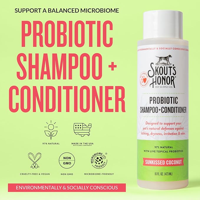 Skout's Honor Probiotic Dog Shampoo & Conditioner with Avocado Oil & Omega-3s, 97% Natural, Paraben & Sulfate-Free, Cruelty-Free, 16oz, Sunkissed Coconut, 2-Pack