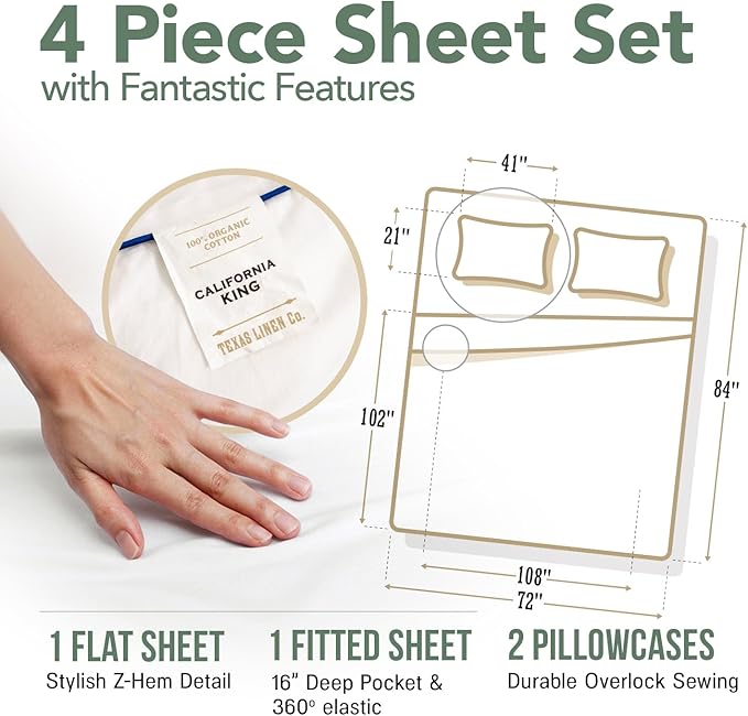 TEXAS LINEN CO. 100% Organic Cotton Sheets California King Size - 4 PC Organic Cotton Cal King Size Percale Printed Sheet Set, Soft, Cooling & Crisp, 16" Deep Pocket Hotel Bedding Set - Dotted Stripe