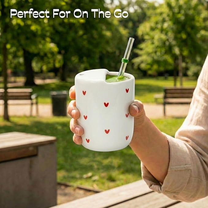 To Go Ceramic Coffee Cups with Lids, Romantic Red Hearts Ceramic Traval Mug with Sip Hole, 12oz Ceramic Sip Cups Pottery Travel Mug, Gifts For Him Her