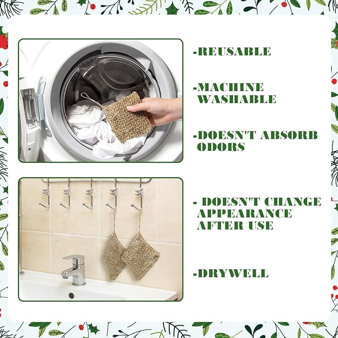 Sliner 6 Packs Natural Hemp Sponges for Dishes, 4x4 Inches, Biodegradable Scrubber for Dishwashing -Organic Reusable Sponges Hand Knitted, No Odor, Unbleached, Plastic Free, No Waste