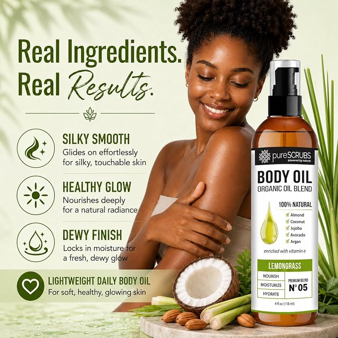 pureSCRUBS Ultra Moisturizing Lemongrass Body Oil for Dry Skin, 4 oz | Luxurious After Shower Body Oil for Soft, Silky, Glowing Skin, Non-Greasy, Fast Absorbing & Hydrating Formula with Vitamin E