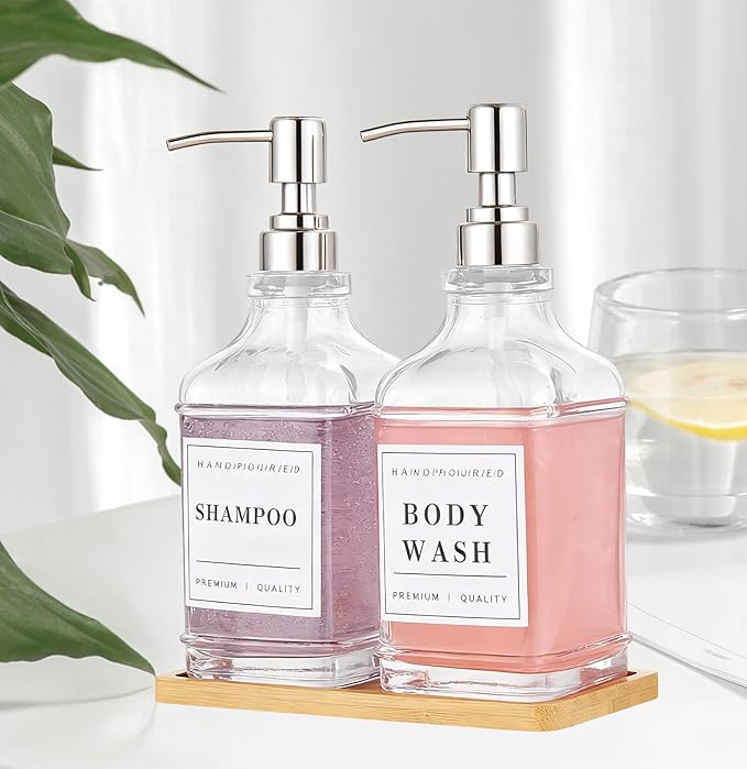 Glass Soap Dispenser with Pump,Tray,Funnel, Countertop Soap and Lotion Dispenser Set of 2 with 60 Stickers, Dish and Hand Soap Dispenser Bottle for Kitchen,Bathroom,Shower, 500ml/16.9oz