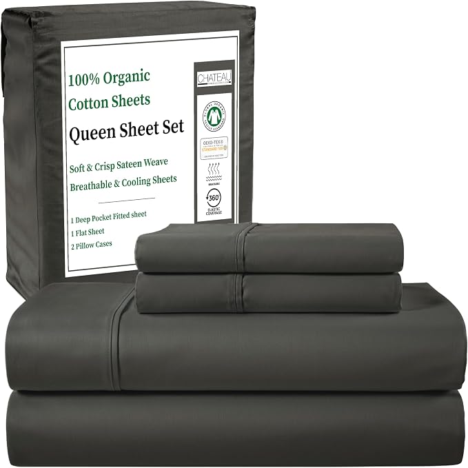 Organic Cotton Sheets Queen Sheet Set Deep Pocket,100% Cotton Bed Sheets Queen Size Set, No Pill Soft & Comfy Naturally Cool Breathable Elasticated Sheet & Pillowcase Sets- Charcoal
