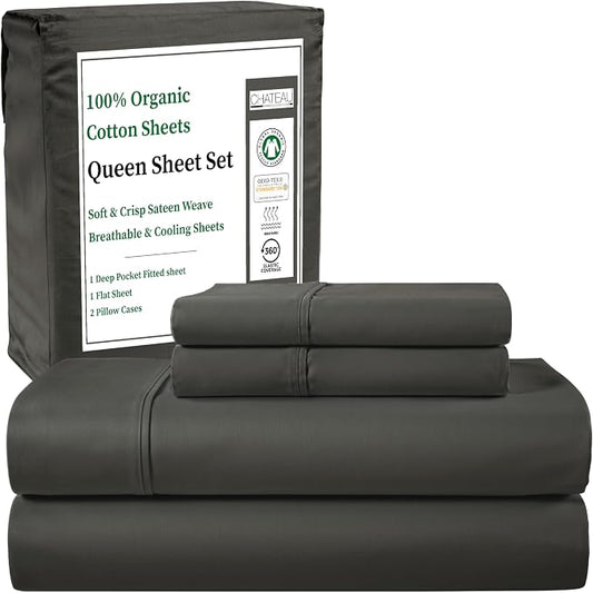 Organic Cotton Sheets Queen Sheet Set Deep Pocket,100% Cotton Bed Sheets Queen Size Set, No Pill Soft & Comfy Naturally Cool Breathable Elasticated Sheet & Pillowcase Sets- Charcoal