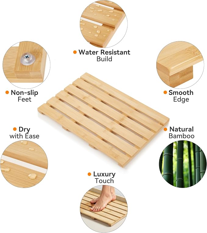 Bamboo Bath Mat, Non-Slip Waterproof Shower Mat with Rubber Feet Luxury Spa-Grade Wooden Floor Mat for Bathroom, Bathtub, Sauna, Indoor & Outdoor Use