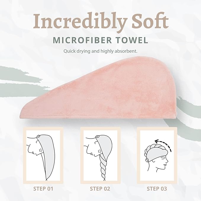 Microfiber Hair Towel Wrap, Super Absorbent Twist Turban Dry Hair Cap with Button Fasten