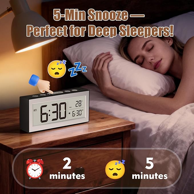 ALANAS Battery Operated Alarm Clock, Portable Digital Clock with Large Display, Snooze, Temperature & Date, Auto-Dim Night Light for Easy Reading, Ideal for Seniors, Kids, Bedroom, Travel, Nightstand