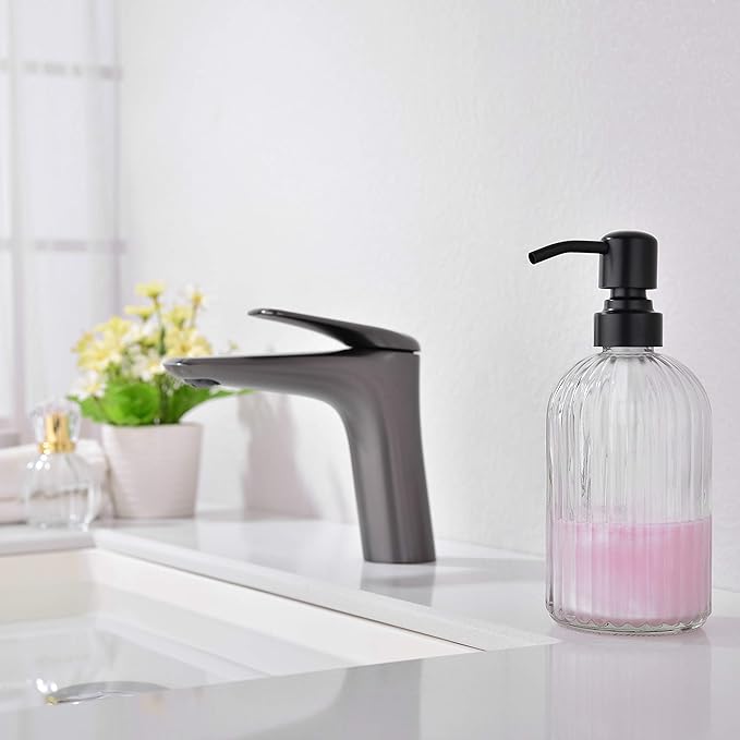 Matte Black Dish Kitchen Soap Dispenser, Bathroom Liquid Soap Dispenser with Rustproof Stainless Steel Pump, 16 Oz Glass Bottle,2 Packs