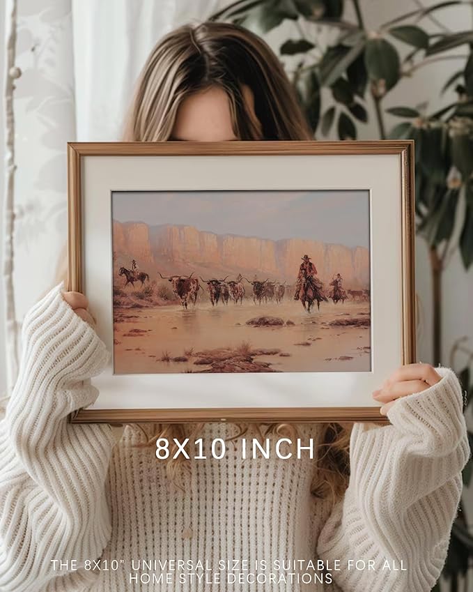 Vodefoad Vintage Cowboy Oil Painting Rustic Western Scenery Cowboy Wall Art Prints Farmhouse Country Life Western Horse Rider Wall Decor for Bar, Garage Man Cave, Home, Southwestern Theme Decorations - 8x10Inch Unframe