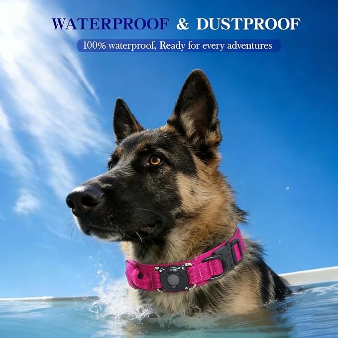 Upgraded AirTag Dog Collar,Waterproof Tactical Dog Collar with AirTag Holder, Control Handle and Metal Buckle,Heavy Duty Dog Collars for Large Dogs (Rose Red，L