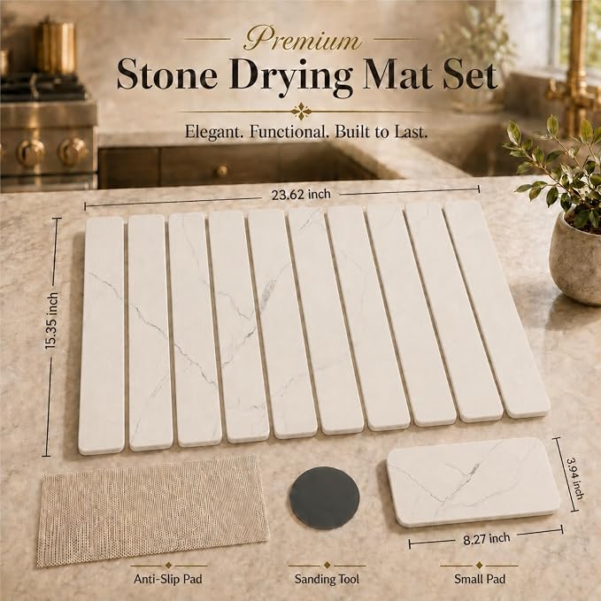 2 PCS Large Stone Dish Drying Mat for Kitchen Counter, 24" x 16" Diatomaceous Earth Dish Mat with 8" x 4" Coaster, Quick Dry Foldable Absorbent Mat for Dishes, Cups, Bottles (White)