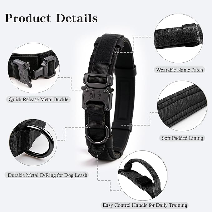Tactical Dog Collar Adjustable Military Nylon Dog Collar with Control Handle and Heavy Duty Metal Buckle for Medium and Large Dogs (Black,S)