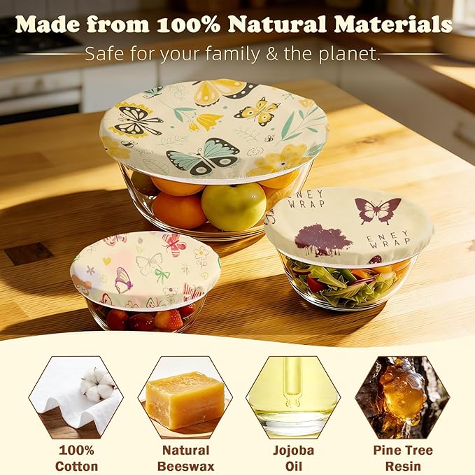 Reusable Beeswax Bowl Covers for Bread Proofing & Food Storage, Eco-Friendly Organic Cotton & Natural Wax & Resin, for Baking, Picnic, Pet Food, Sustainable Kitchen (Butterfly001, 2*12''+2*10''+2*8'')