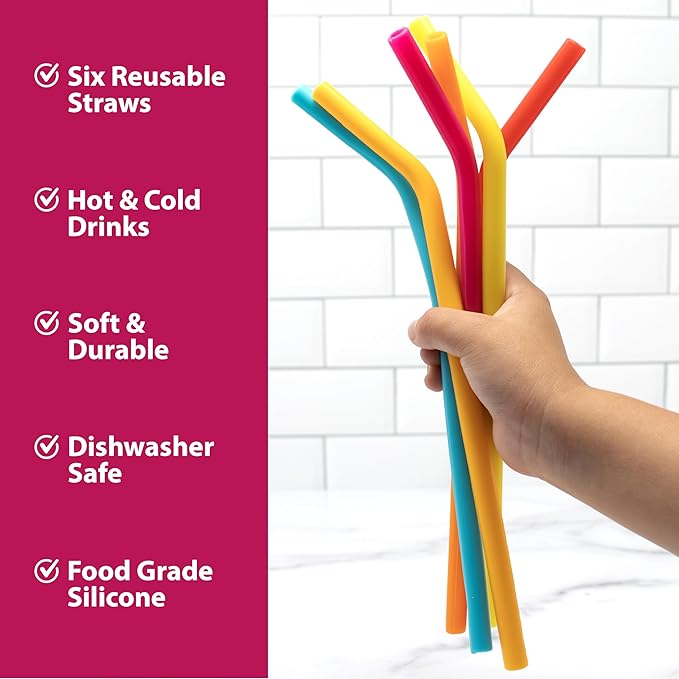 Joie Silicone Straws with Cleaning Brush, Set of 6, Rainbow Color Assortment
