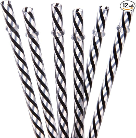 Dakoufish 12 Piece 11 Inch Reusable Plastic Thick Drinking Straws BPA Free Mason Jar Straws small Stripe Color (11inch Black)