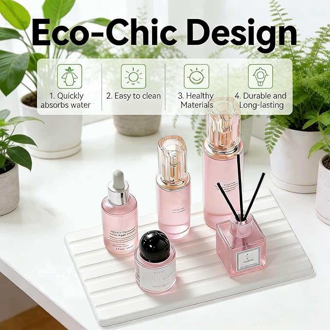 2 PCS Water Absorbing Diatomite Coasters, Stone Drying Mat for Kitchen Counter, Quick Dry Stone Mat Trays for Bathroom Kitchen Counter, Soap Dish Tray Used for Hand Soaps (White-B, 8.3" x 4")
