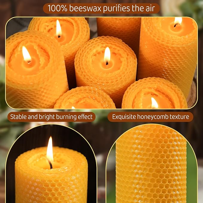 Beeswax Pillar Candles 4 Pack, Beeswax Candle Non-Toxic for Home | Natural Beeswax,Non-toxic,Emergency Candle,Organic,Handmade,Unscented,Long Burning,2.8x6 Inch,Prayer,Bees Wax Candles