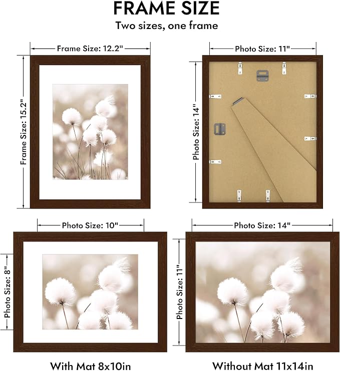Hongkee 11x14 Oak Wood Picture Frame, Display Photos 8 x 10 with Mat or 11 x 14 without Mat - Tempered Glass Cover, Horizontal and Vertical Display for Wall or Tabletop (Walnut, Set of 1)
