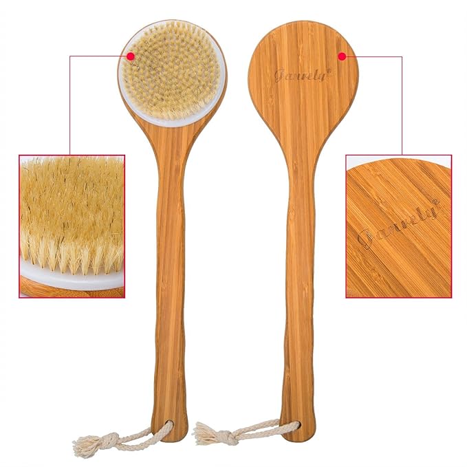Janrely Bath Dry Body Brush Natural Bristles Back Scrubber With Long Wooden Handle For Cellulite And Exfoliating