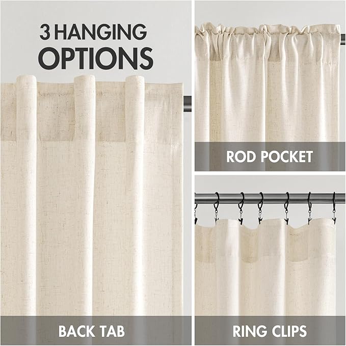 MIULEE Non-See-Through Privacy Linen Curtains 2 Panels, Light Filtering Window Curtains Farmhouse Textured Back Tab Semi Sheer Drapes for Bedroom Living Room, 52 x 96 Inches Long, Cream Ivory