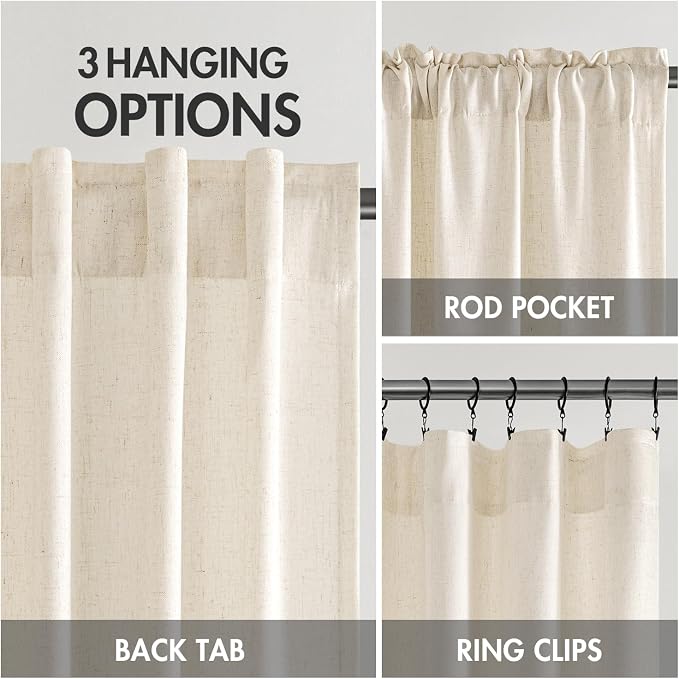 MIULEE Non-See-Through Privacy Linen Curtains 2 Panels, Light Filtering Window Curtains Farnhouse Textured Back Tab Semi Sheer Drapes for Bedroom Living Room, 52 x 63 Inches Long, Ivory