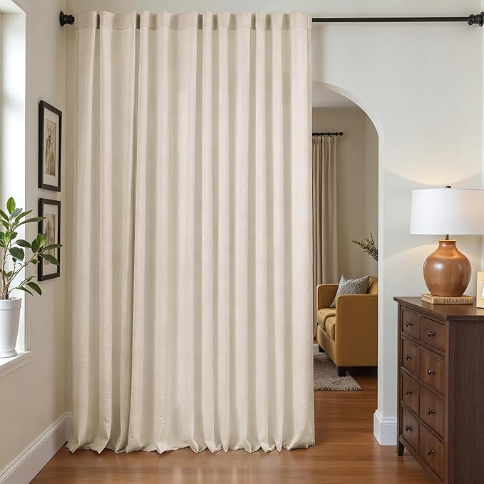 jinchan Linen and polyester Beige Curtains 96 Inches Long for Living Room Farmhouse Rod Pocket Back Tab Light Filtering Window Drapes with Lined for Bedroom Crude 1 Panel Ecru