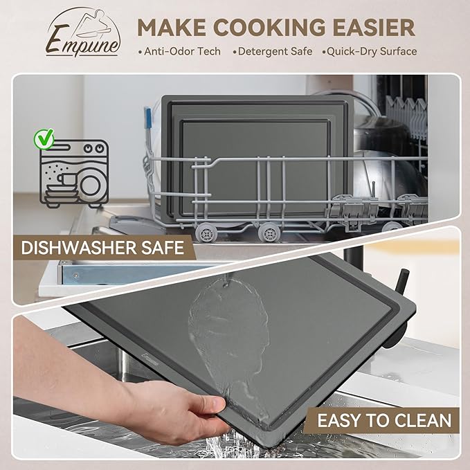 Empune 3-Piece Plastic Cutting Boards for Kitchen - Thick & Non-Slip Chopping Board Set with Juice Grooves, Dishwasher Safe, BPA Free, Includes Large & Small Sizes, Gray