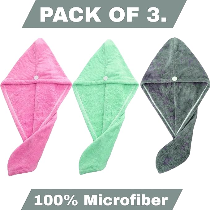 Microfiber Hair Drying Turban Towels, Pack of 3 (Green-Pink-Grey)