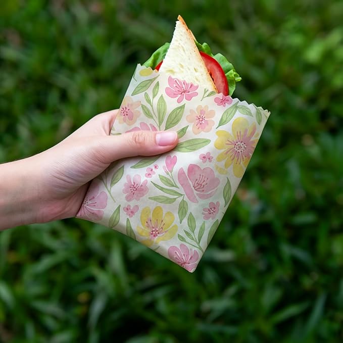 Reusable Beeswax Wraps, 9 Pack Plastic-Free Food Storage, Sandwich, Bread, Fruit Covers, Organic, Sustainable, Zero Waste, Biodegradable, 1XL, 3M, 5S, Pink Flowers and Green Leaves Print