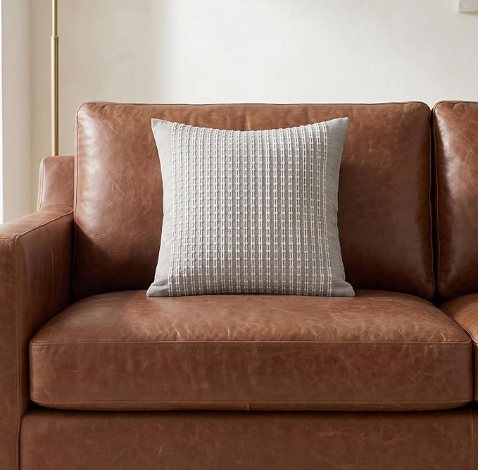SanVia Cotton Throw Pillow Covers 20x20 – Handwoven Jacquard Texture, Fade-Resistant, No Pilling – Hidden Zipper, Decorative Cushion Cover for Sofa, Couch, Bed – Insert Not Included (Striped, Grey)
