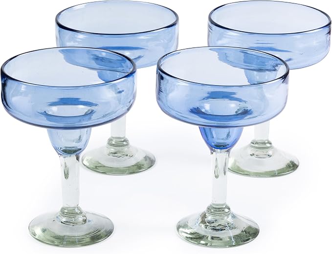 16 oz Hand Blown Mexican Margarita Glasses Set of 4 - Light Cobalt - MEXICAN GLASSWARE