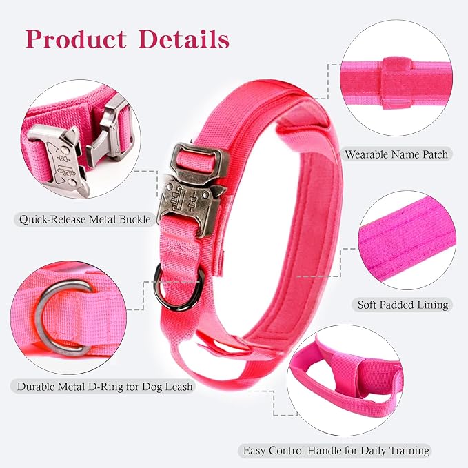 Tactical Dog Collar Adjustable Military Nylon Dog Collar with Control Handle and Heavy Duty Metal Buckle for Medium and Large Dogs (Pink,XL)