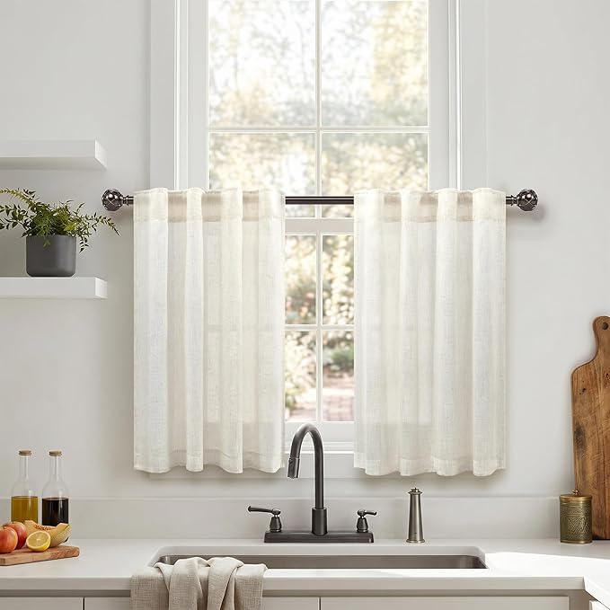Cream Linen Cafe Curtains 30 Inch Length for Kitchen Windows Over Sink Semi Sheer Light Filtering Tier Curtain Back Tab Rod Pocket Modern Farmhouse Drape for Bathroom Small Half Window 2 Panel 34 x 30