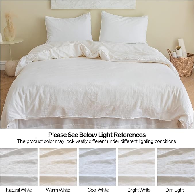 BISELINA French Linen Duvet Cover Set 3pcs with Hidden Zipper Closure Natural Flax Cotton Blend Solid Color Soft Breathable Luxury Farmhouse Bedding -Queen Size, White