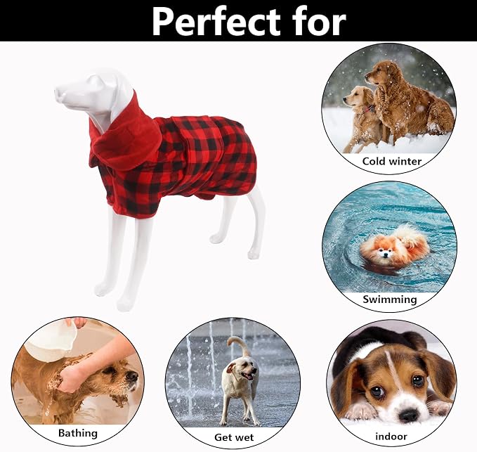 Geyecete Dog Drying Coat - Dog Bathrobe Towel - Microfibre Fast Drying Super Absorbent Pet Cat Bath Robe Towel, Luxuriously Soft - Red Black Grid - XXXL