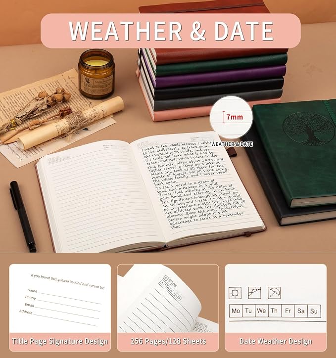 Lined Journal Notebook, A5 Leather Vintage Journals for Writing, 256 Pages College Ruled Notepad for Women Men, Vegan Leather Daily Notebook for Work, School, Travel, Note Taking(Tree of Life, Pink)