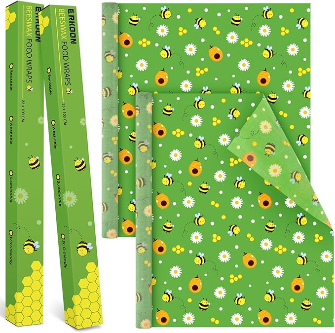 Beeswax Food Wraps 2 Roll 13 x 39 Inch Reusable Beeswax Wraps Eco-Friendly Sustainable Food Storage Wraps for Sandwich, Cheese, Fruit, Bread, Snacks