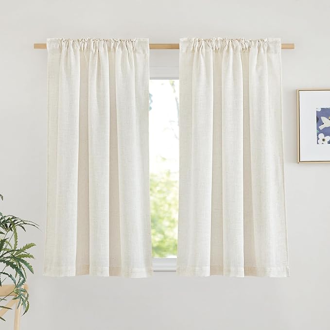 NICETOWN Linen Curtains 48 inches Long, Rod Pocket & Back Tab Flax Linen Weave Window Treatments Privacy with Light Filtering for Bedroom/Farmhouse, Natural, W42 x L48, 2 Panels