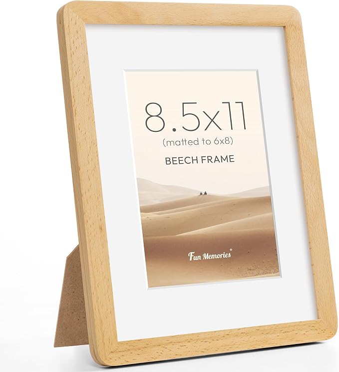 Fun Memories 8.5x11 Picture Frame - Solid Beech Wood Diploma & Certificate Frame, 8.5x11 Frame with Mat for 6x8 Photos, Awards & Achievements, Tabletop and Wall Display with Real Glass, Natural Beech
