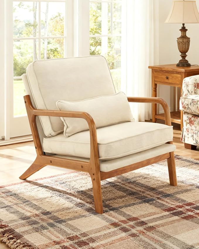 Karl home Mid-Century Modern Accent Reading Chair, Beige | Linen Upholstered, Solid Wood Frame, Soft Cushion, Lumbar Pillow, Lounge Armchair for Living Room, Bedroom, Balcony, Study