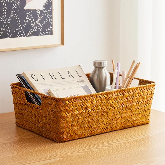 Seagrass Storage Basket with Handles, Stackable Woven Baskets Bins Container for Organizing Shelves Bedroom Living Room, Set of 3, Natural