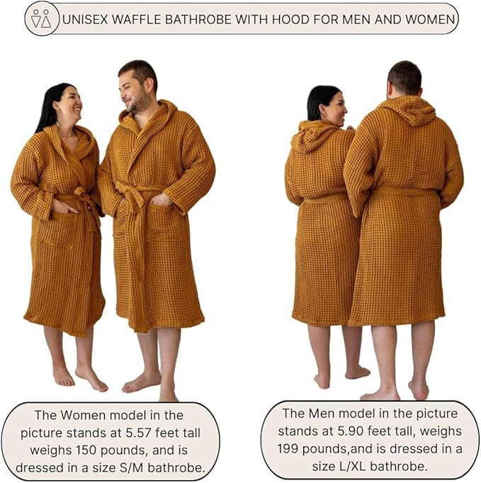 Unisex Hooded Waffle Robe for Women & Men 100% Turkish Cotton | Quick-Dry Bathrobe | Cozy Housecoat for Lounging