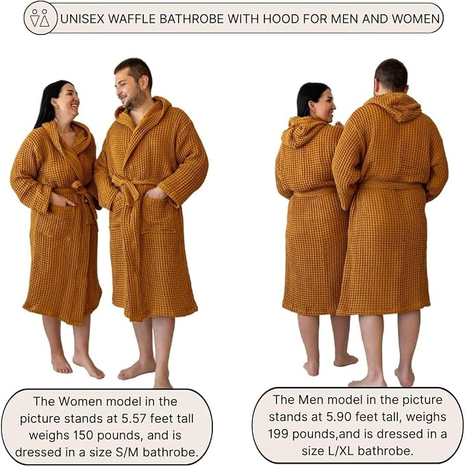 Unisex Hooded Waffle Robe for Women & Men 100% Turkish Cotton | Quick-Dry Bathrobe | Cozy Housecoat for Lounging