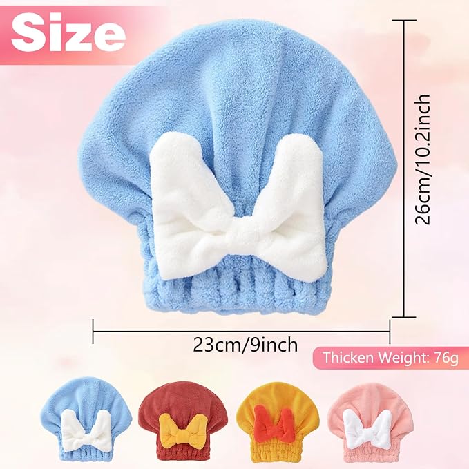 4Pcs Super Absorbent Hair Towel Wrap for Wet Hair, Microfiber Hair Towel Wrap Quick-Drying Thickened Hair Towels, Soft Bow Tie Wet Hair Towels Wrap for Women Girls (Pink+Blue+Yellow+Red)